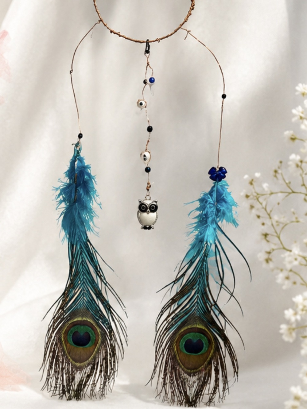 Boho Peacock Feather Owl Hanging Teal Blue and hand wrapper CopperWheelOfWisdom)